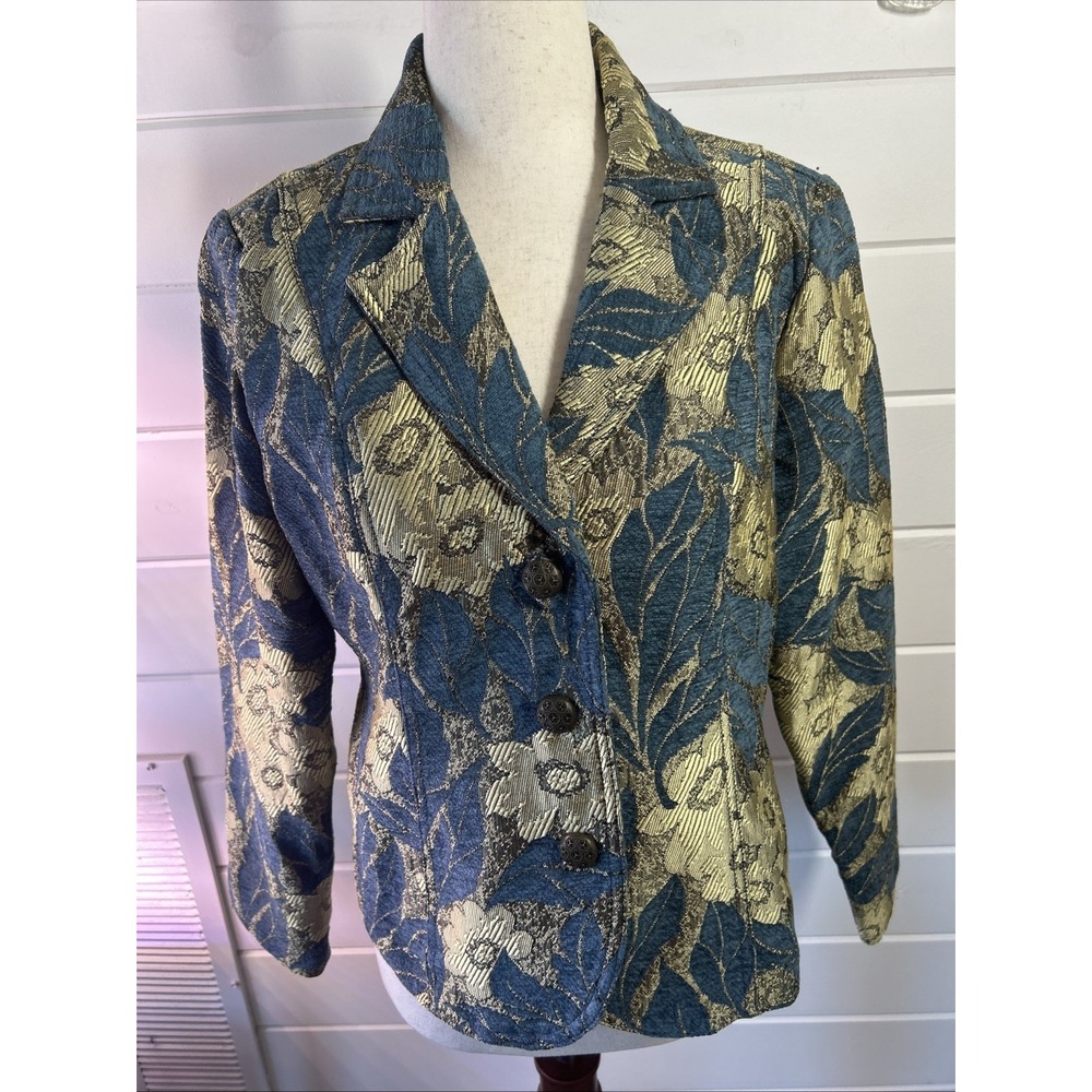 Vintage Erin London Tapestry Floral Damask Blazer Jacket Women's Sz M Blue Gold